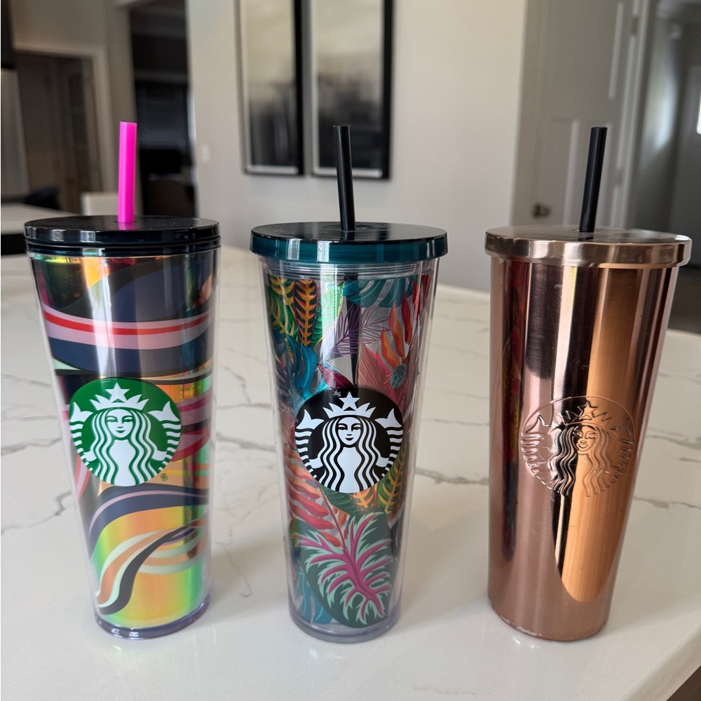 Starbucks Iridescent, Tropical Leaf & Rose Gold Cold Tumblers 24 oz